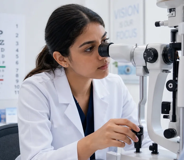 Optometry student using a slit lamp